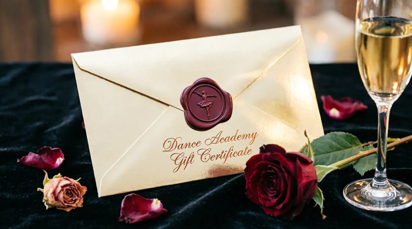 Goldener Umschlag mit Wachssiegel und Tanzmotiv, daneben Rose und Champagner